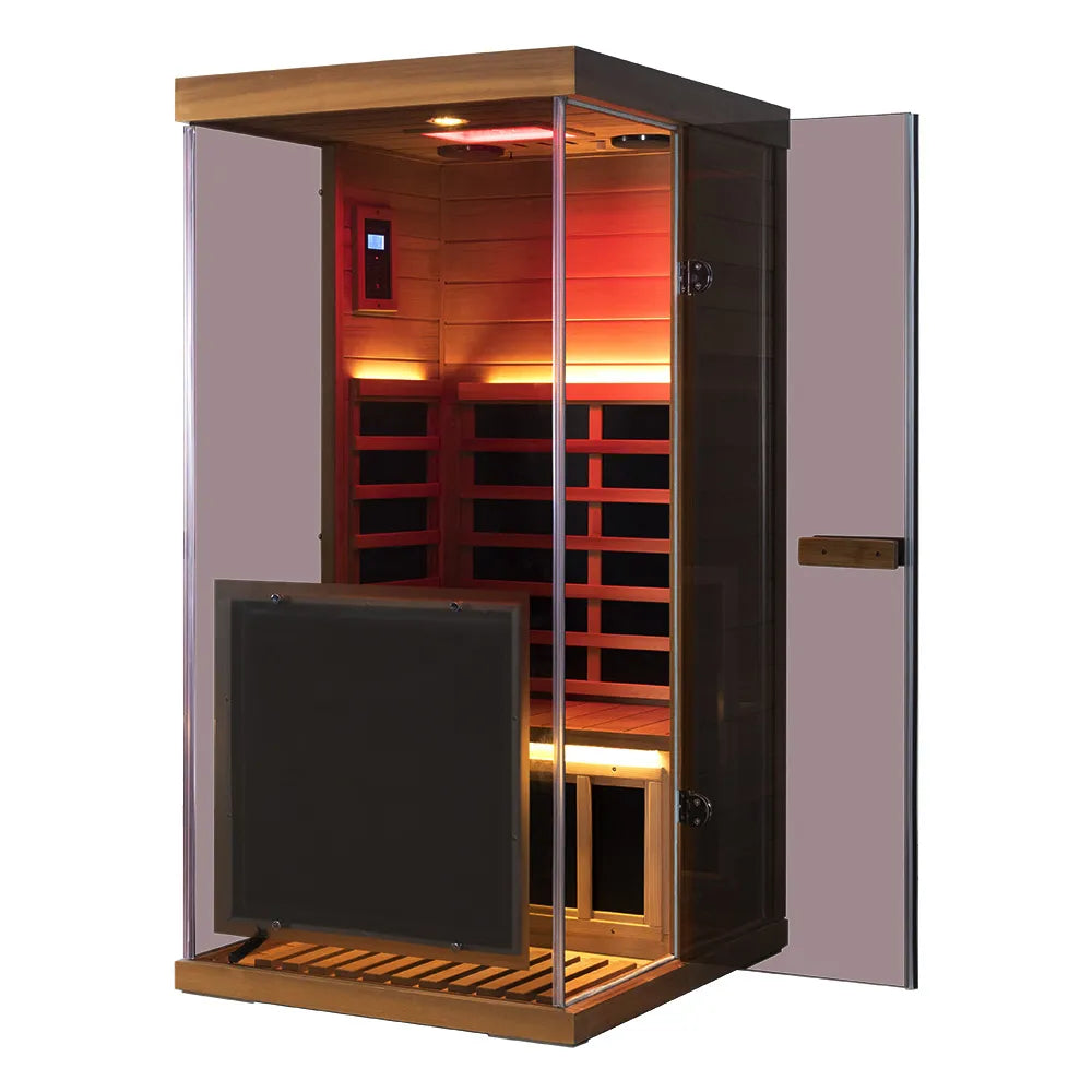 Wizzisaunas 909MX — Sauna with glass door open and warm interior lighting