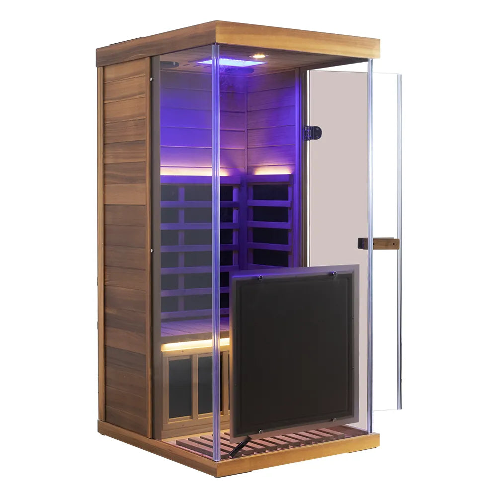 Wizzisaunas 909MX — Cedar sauna angled view with open glass door