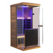 Wizzisaunas 909MX — Cedar sauna angled view with open glass door